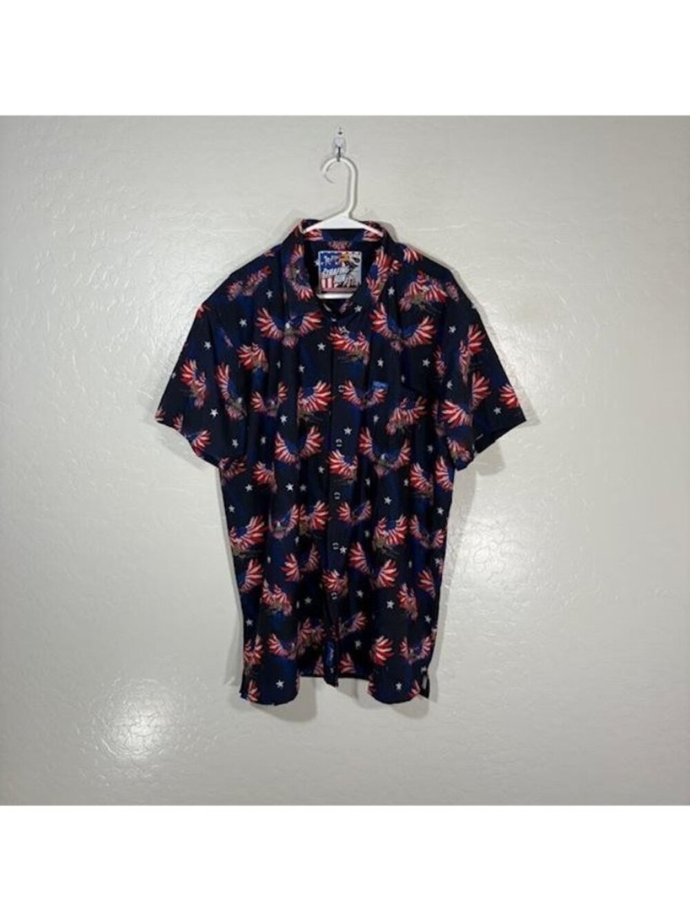 Retro Rifle Strafing Run Shirt Mens 2XL Flag Patriotic Short Sleeve Button Up